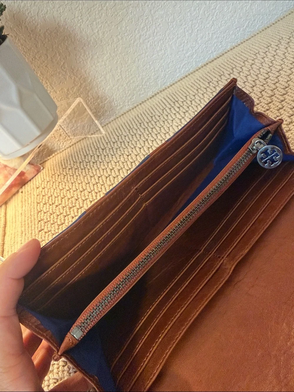 Tory Burch Navy and Brown Leather Clutch Wallet